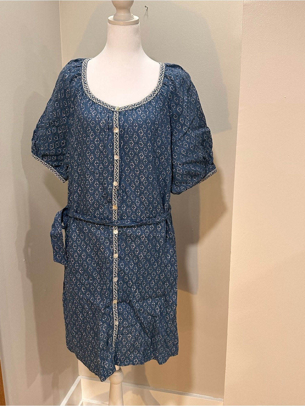 Faherty Indigo Printed Blue Button-Front Dress Medium